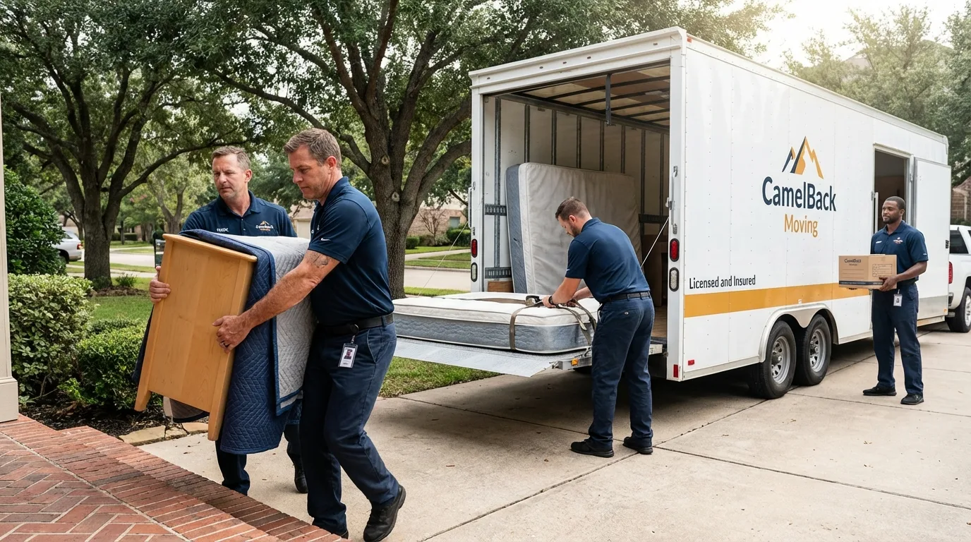 Crew loading residential truck for cross-state move from Redding, CA