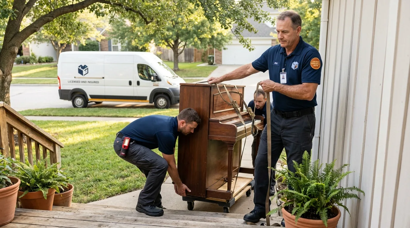 Licensed piano movers securing grand piano in Redding, CA