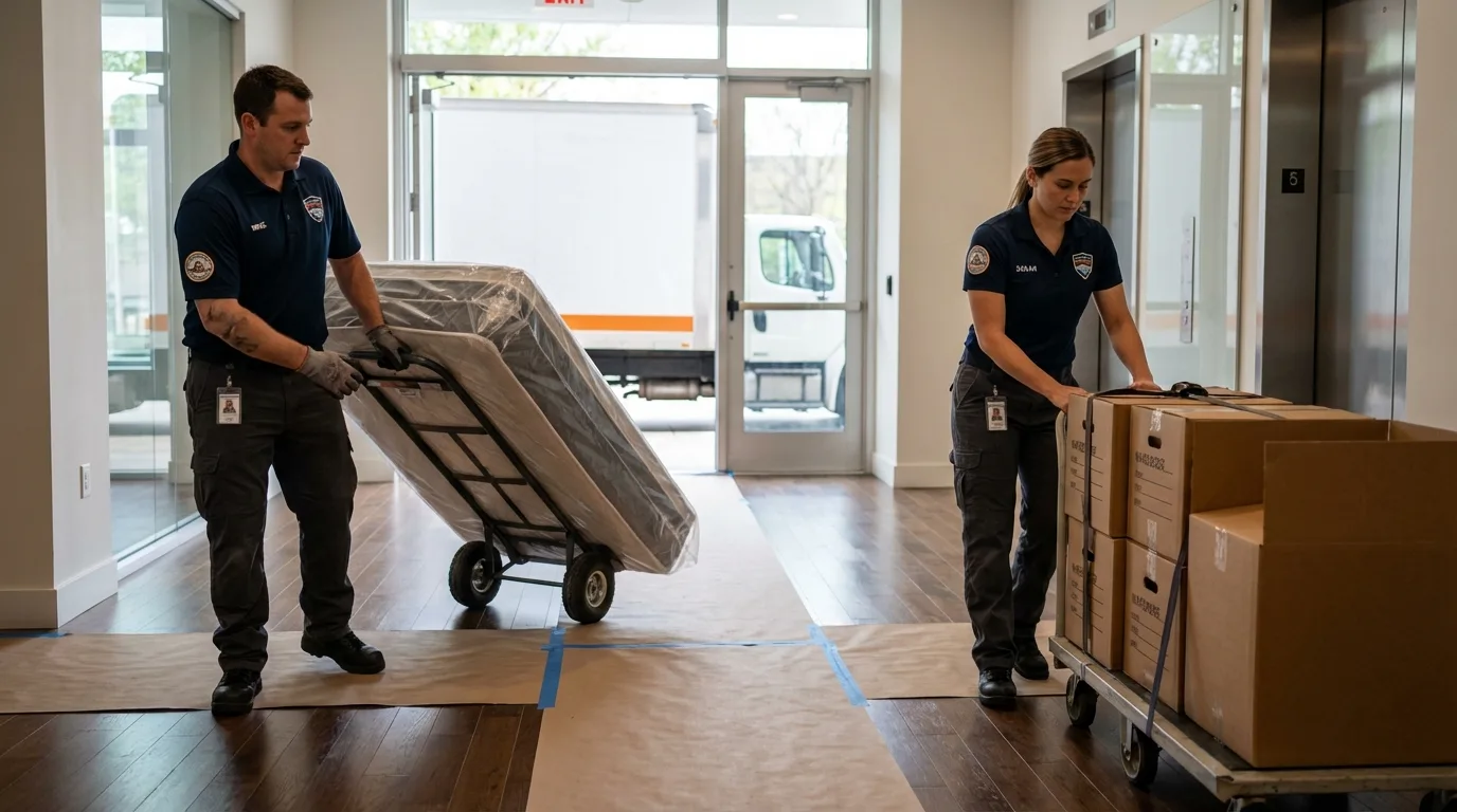 Professional apartment movers loading elevator in Redding, CA